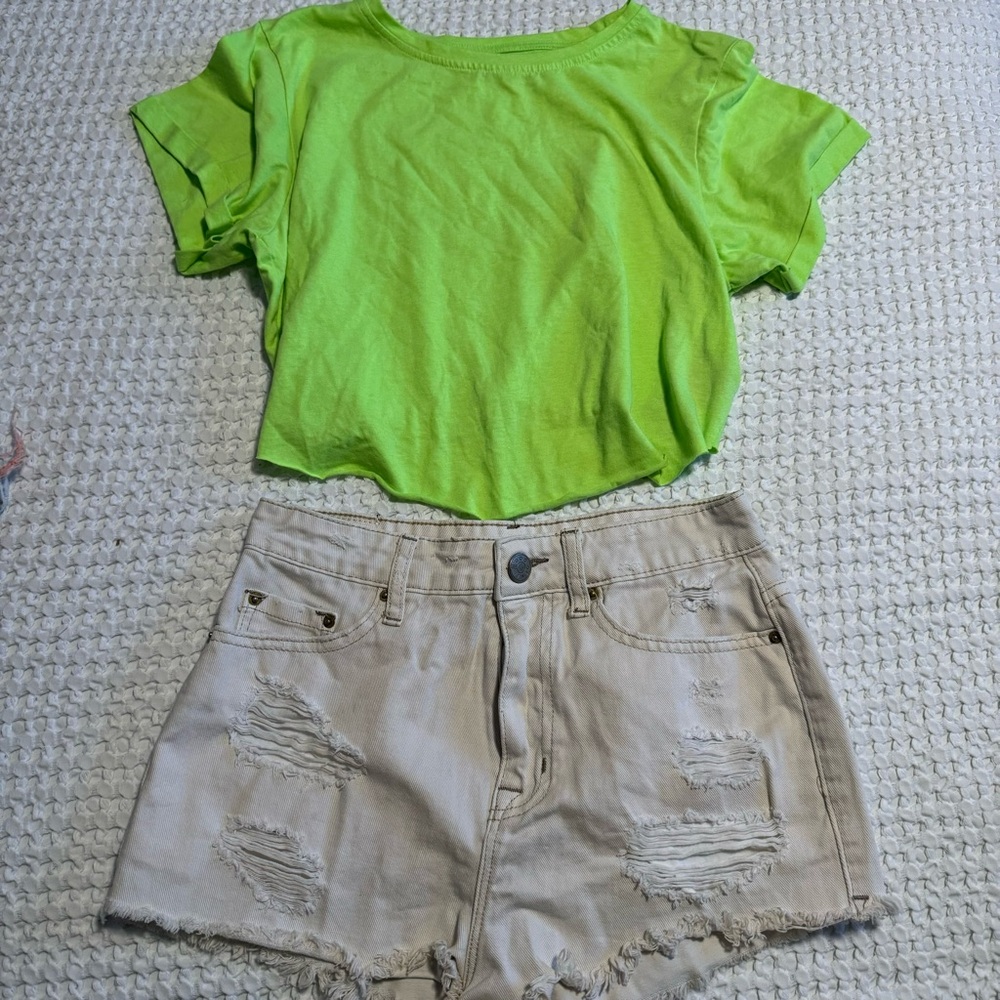 Urban Outfitters BDG high Waisted denim distressed shorts & lime green crop top